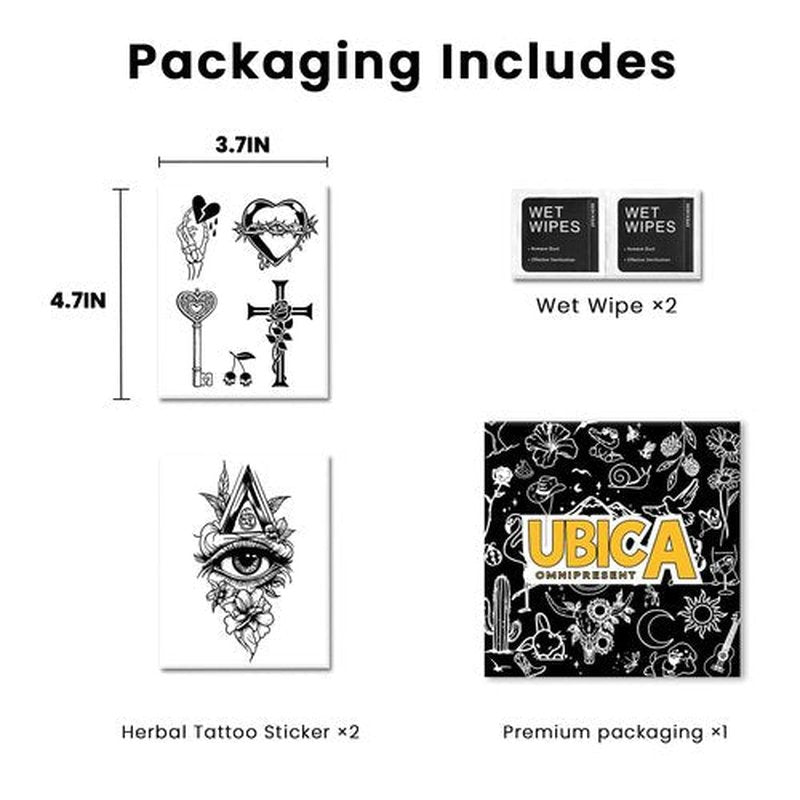 UBICA Semi Permanent Tattoos, 2 Sheets Realistic Temporary for Women, Fake Tattoos for Fingers Hand Calf, Waterproof, No Reflective, Lasts 1-2 Weeks (Heart Key Cross & Mythical Flower Eye Designs)