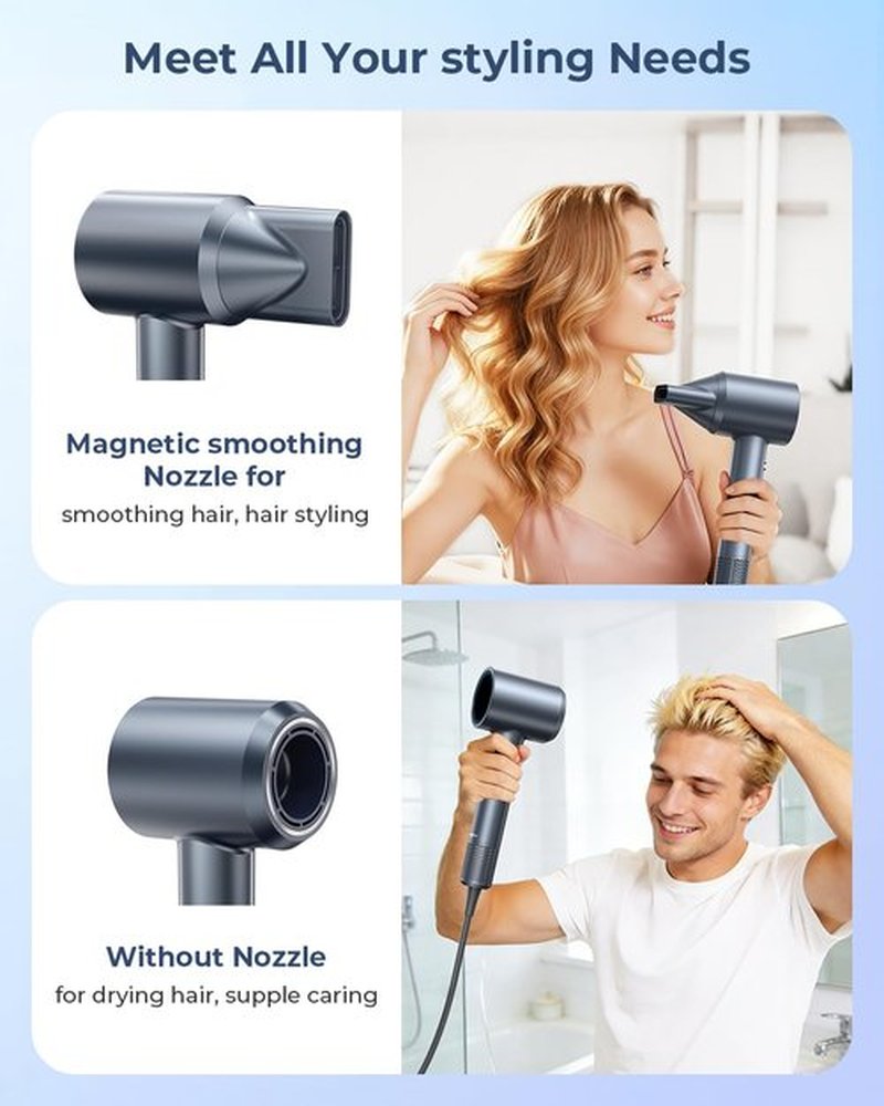Hair Dryer, 150000 RPM Professional High-Speed Blow Dryer, Negative Ionic Hair Dryer for Fast Drying, Low Noise Thermo-Control HairDryer with Magnetic Nozzle for Home Travel Women Man