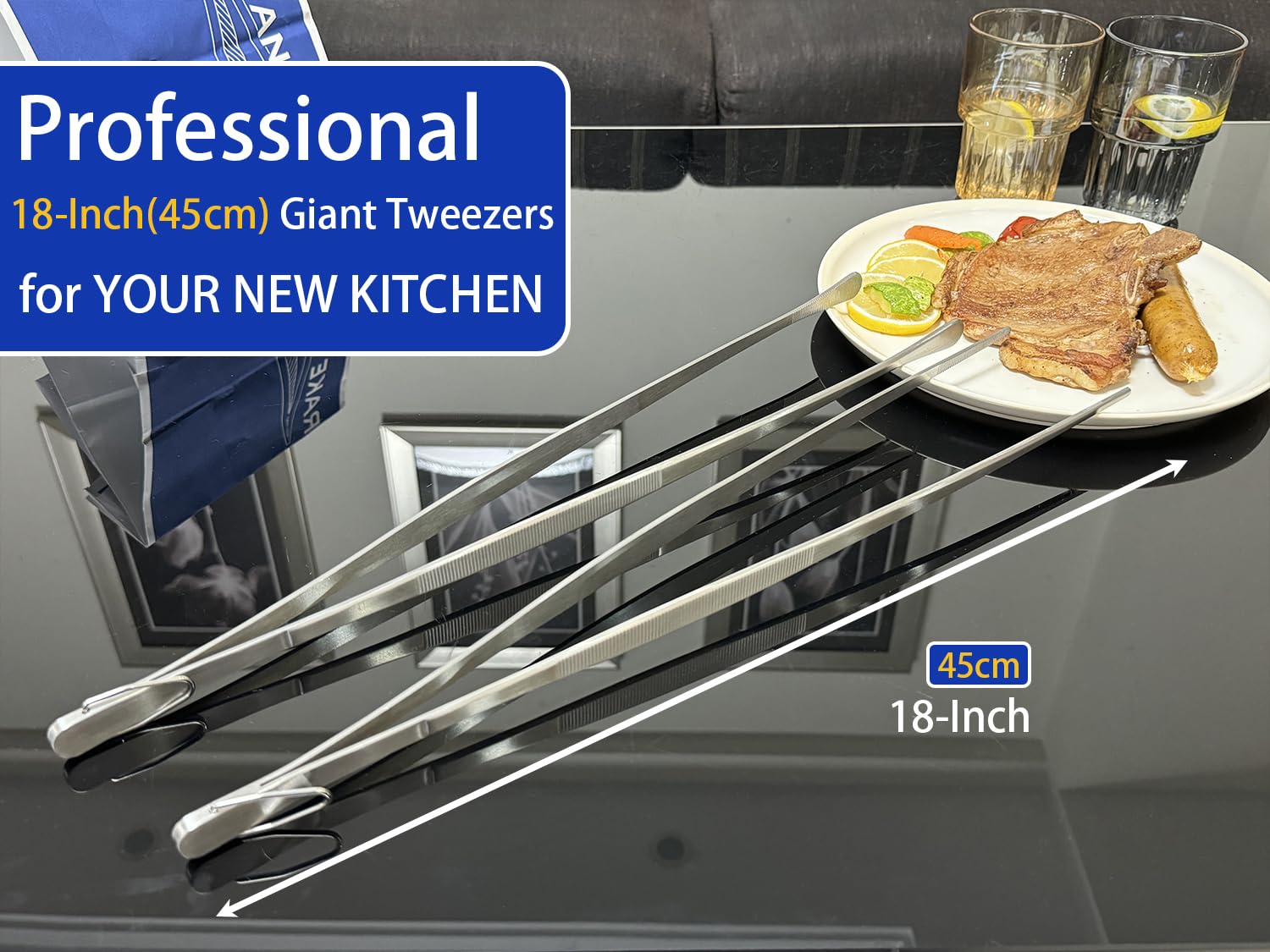 JETKONG 2 Pcs 18 Inch (45cm) Stainless Steel Grill Tongs Heavy Duty Giant Tweezer Tongs, Extra Large Tweezers Tools for Cooking, Grilling, BBQ and Turning Food (Silver)