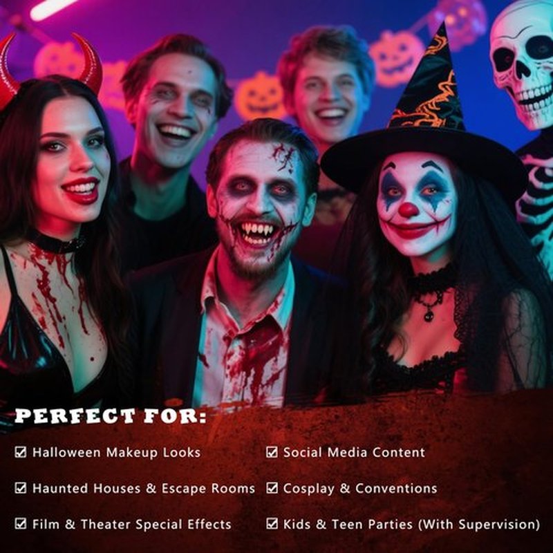 BOBISUKA 5PCS Halloween Fake Blood Kit – Dripping Fresh Blood, Dark Spray Blood, Coagulated Gel, Cleansing Soap, Stipple Sponge – Realistic Washable SFX Makeup for Zombie, Vampire Monster & Cosplay