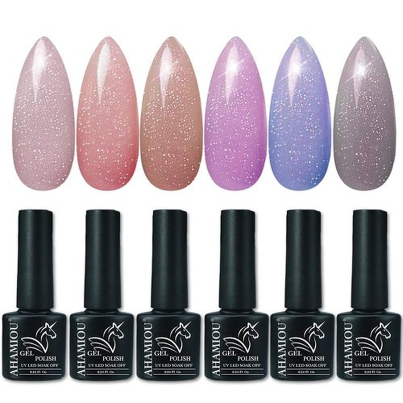 AHAMIOU Nail Polish Holographic Pink Shimmer Gel Nails Glitter Set Sparkly Shiny Reflective Nail Polish Kit Neutral Sheer Nude Gel Polish Diamond Gel for Home Salon DIY,6PCS