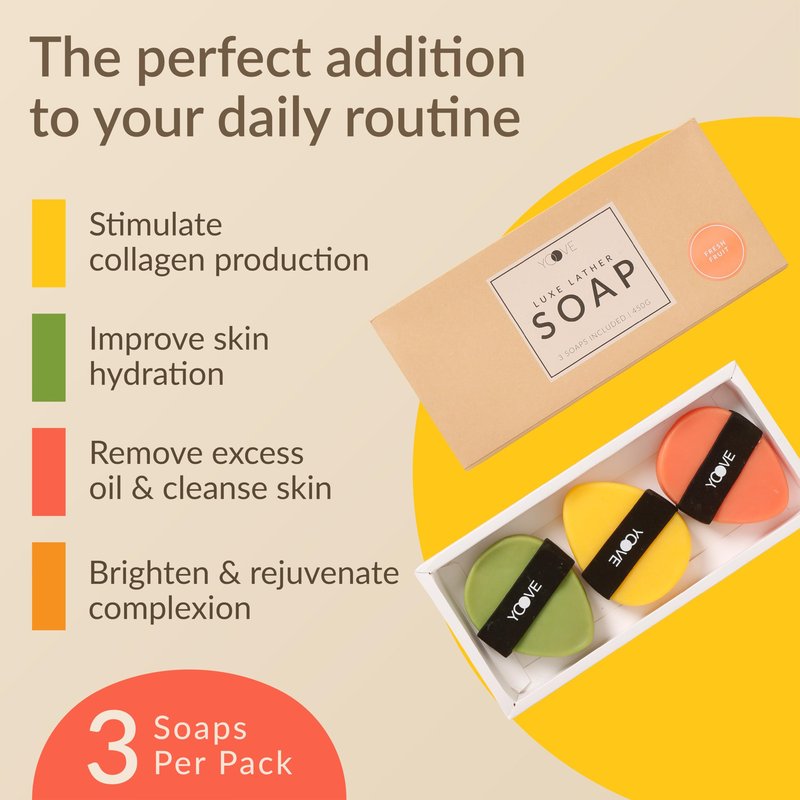 Yoove Fresh Fruit Soap with Scrubber, Assorted Natural Bar Soap with Antioxidant and Vitamin-Rich Fruit Extracts, Pomegranate, Passion Fruit, & Citrus for Nourished & Radiant Skin, 3-Pack