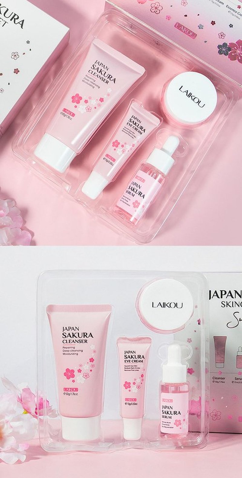 Travel Skincare Kit - Sakura Gentle Korean Skin Care Set for Teen Girls & Women | Hydrating Cleanser, Anti-Aging Serum, Moisturizer, Eye Cream - Radiant Skin Mini Holiday Box Gift (4PC)