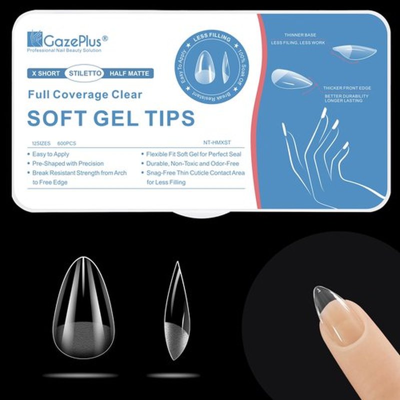 GazePlus X Short Stiletto Clear Fake Nail Tips, 600 pcs Full Cover Half Matte Pre-shaped Soft Gel Nail Tips Set with 12 Sizes for Nail Extension Acrylic Nails Perfect for Home Salon