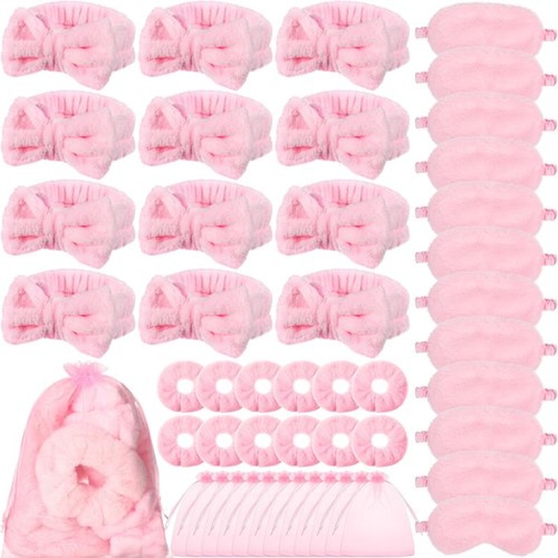 Mimorou 48 Pieces Spa Party Supplies 12 Spa Headband 12 Plush Sleep Eye Mask 12 Velvet Scrunchies 12 Organza Bags for Sleepover Slumber Party Favors Graduation Gift(Pink)