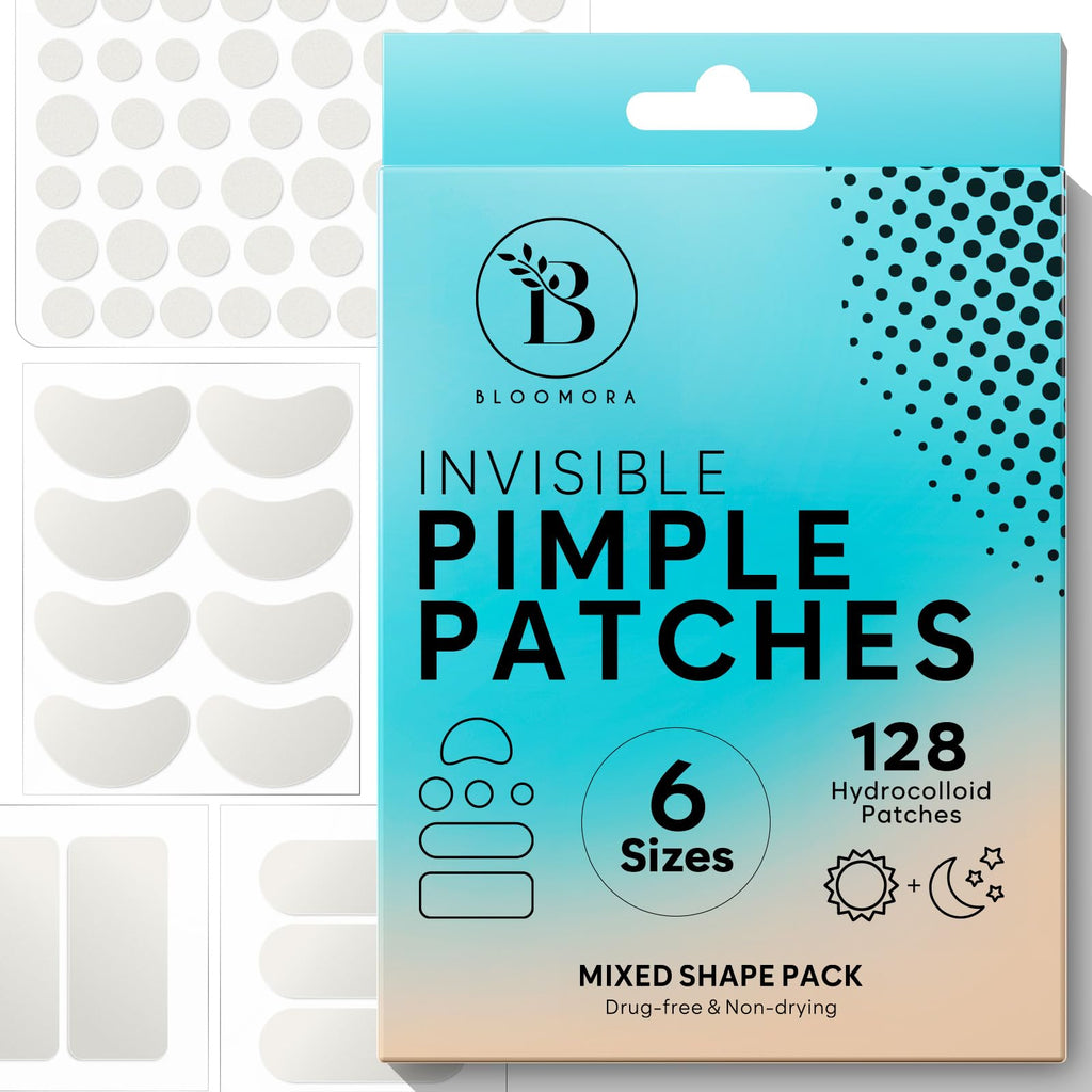 BLOOMORA Large Pimple Patches for Face, Hydrocolloid Pimple Patches, Variety Shapes Zit Stickers, Pimple Spot Care, Pimple Spot Care, Round, Moon, Rectangle, Oval (6 Sizes, 128 Count)