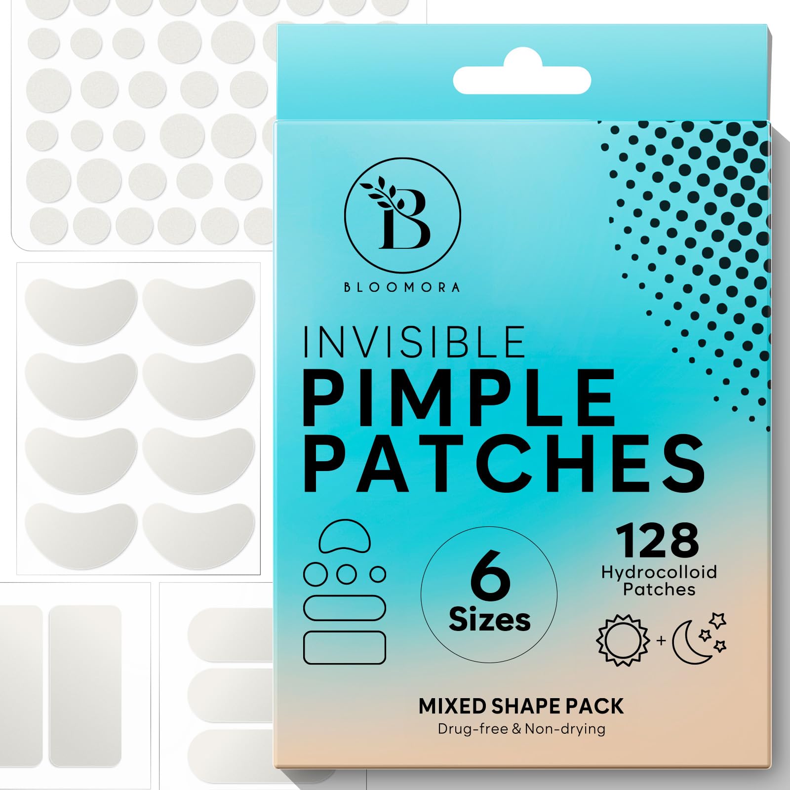 BLOOMORA Large Pimple Patches for Face, Hydrocolloid Pimple Patches, Variety Shapes Zit Stickers, Pimple Spot Care, Pimple Spot Care, Round, Moon, Rectangle, Oval (6 Sizes, 128 Count)