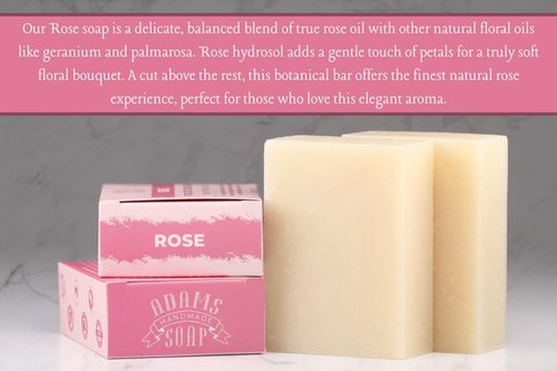 Adams Handmade Soap Rose Pure Castile Bar Soap – 4.5 oz | Vegan, Cold Process, Essential Oils, 84% Organic, Fair Trade, No Additives, USA Made