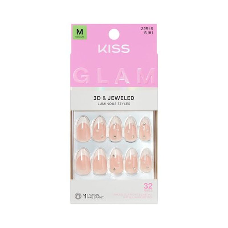 KISS GLAM Jeweled French Tip Press On Nails, Serendipity Awaits, White, Medium, 32 Count
