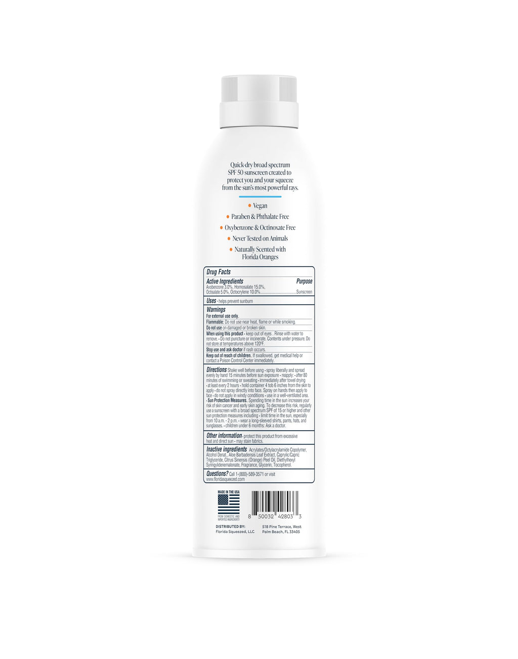 Florida Squeezed SPF 50 Sunscreen Spray, Non-Aerosol Continuous Spray with Vitamin E, Broad Spectrum UVA/UVB Protection, Lightweight Feel, Water Resistant, Free from Parabens & Phthalates
