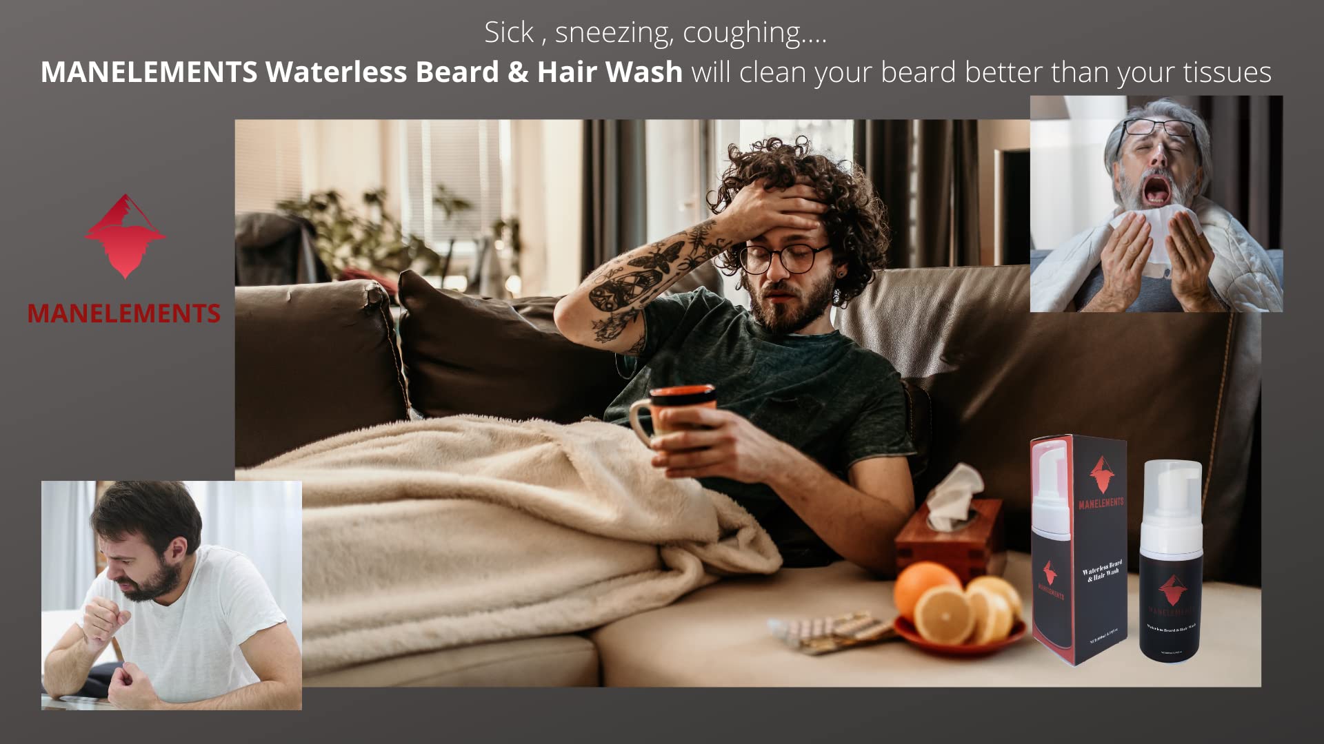 manelements Waterless Beard and Hair Cleansing Shampoo with Coconut Oil - Volumizes, Softens & Strengthens