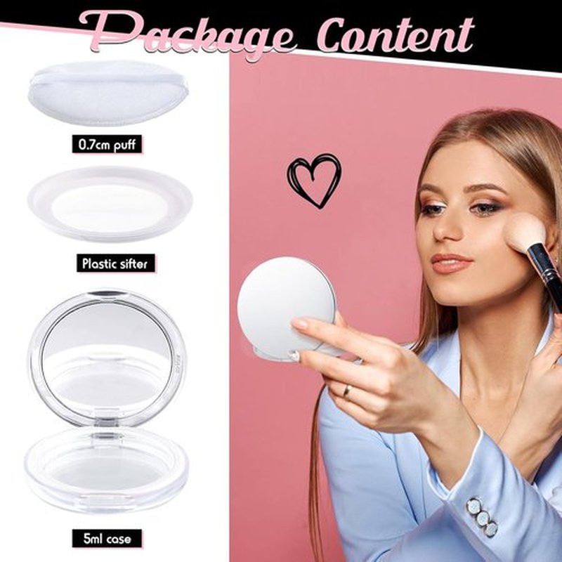 Cunhill Loose Powder Container Set - Reusable Plastic Makeup Case with Puff & Mirror | 0.17 oz, Pink & Silver