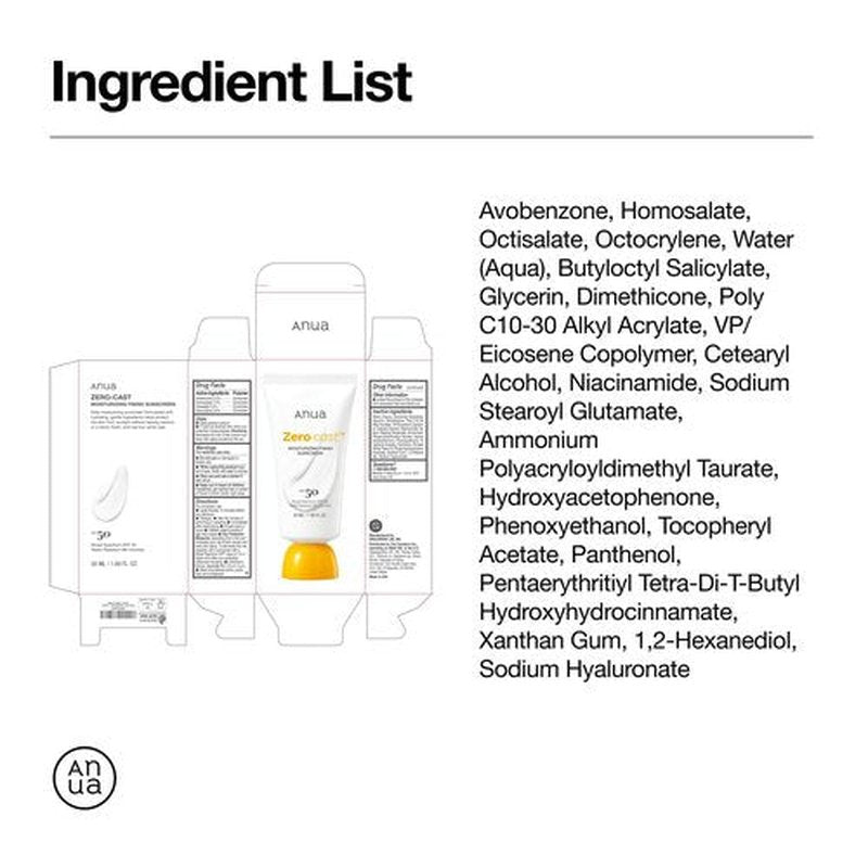 Anua, Zero-Cast Moisturizing Sunscreen SPF 50, Glow Natural Sunscreen for face, No White Cast, Hyaluronic Acid, Niacinamide, Oil-Free, Korean Skincare, 1.69 fl oz
