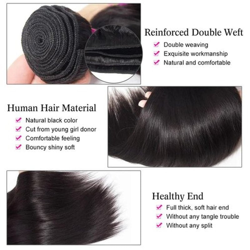 Straight Human Hair Bundles 100% Unprocessed 12A Brazilian Virgin Hair 14 14 14 Inch Straight Bundles Human Hair Double Weft 3 Bundles Straight Weave Natural Black