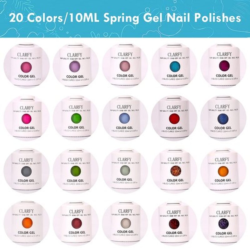 CLARFY Gel Nail Polish Kit 10ML/23PCS with Base Coat, Matte and Glossy Top Coat, Pink Blue White 20 Colors, Spring Summer Gel Polish Set for Nail Art, Salon, DIY Manicure, Gifts for Women, Girls
