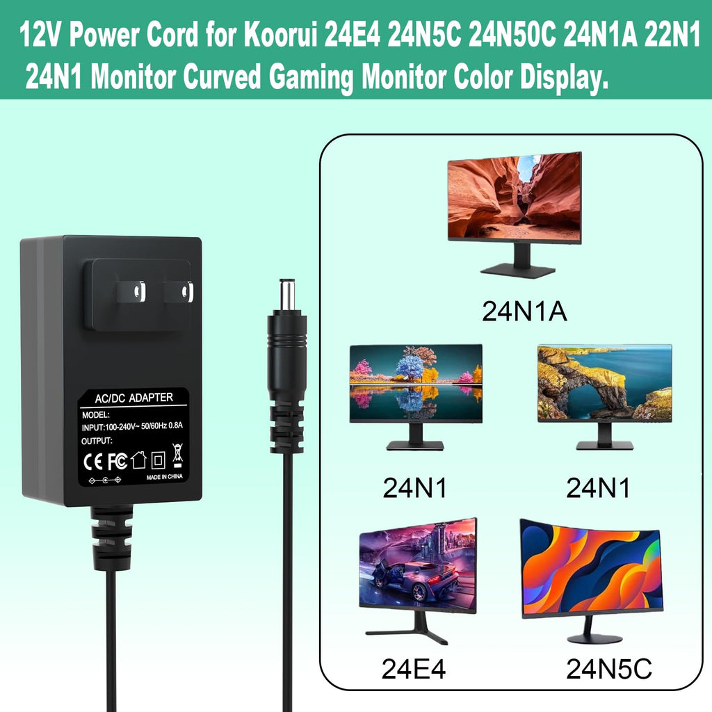 12V Power Cord for Koorui Monitor Compatible with Koorui 24E4 24N50C 24N1 24N1A 22N1 21.5'' 24'' LED Full HD 1080P Curved Gaming Monitor Charger Power Adapter