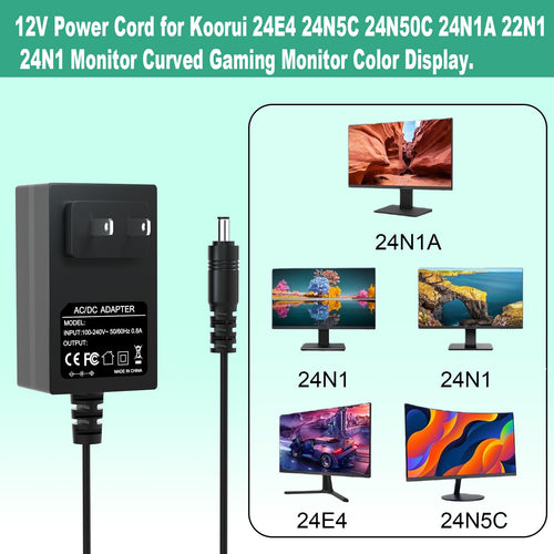 12V Power Cord for Koorui Monitor Compatible with Koorui 24E4 24N50C 24N1 24N1A 22N1 21.5'' 24'' LED Full HD 1080P Curved Gaming Monitor Charger Power Adapter