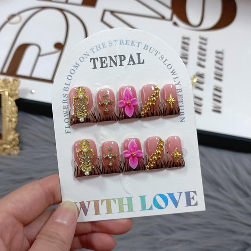 TENPAL Handmade Duckbill Press on Nails - Zebra Print & Pink Floral 3D Metal Cross Studs | Glossy Icy French Tips False Nails with Designs| Royal Core Aesthetic Glue on Nails for Daily Party Wear(S)
