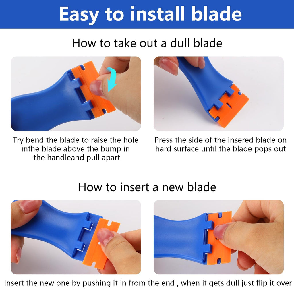 10 Plastic Razor Blade Scraper, 100 Pcs Blades, Remove Label Decal Tool for Stickers, Gaskets and Paints on Window Car Glass