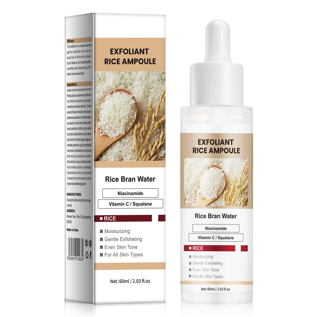 White Rice Face Exfoliator, Gentle Daily Exfoliating Ampoule with Fermented Rice Water & Vitamin C, Pore Cleansing & Hydrating Facial Treatment for Soft, Refreshed Skin, 2.03 fl oz