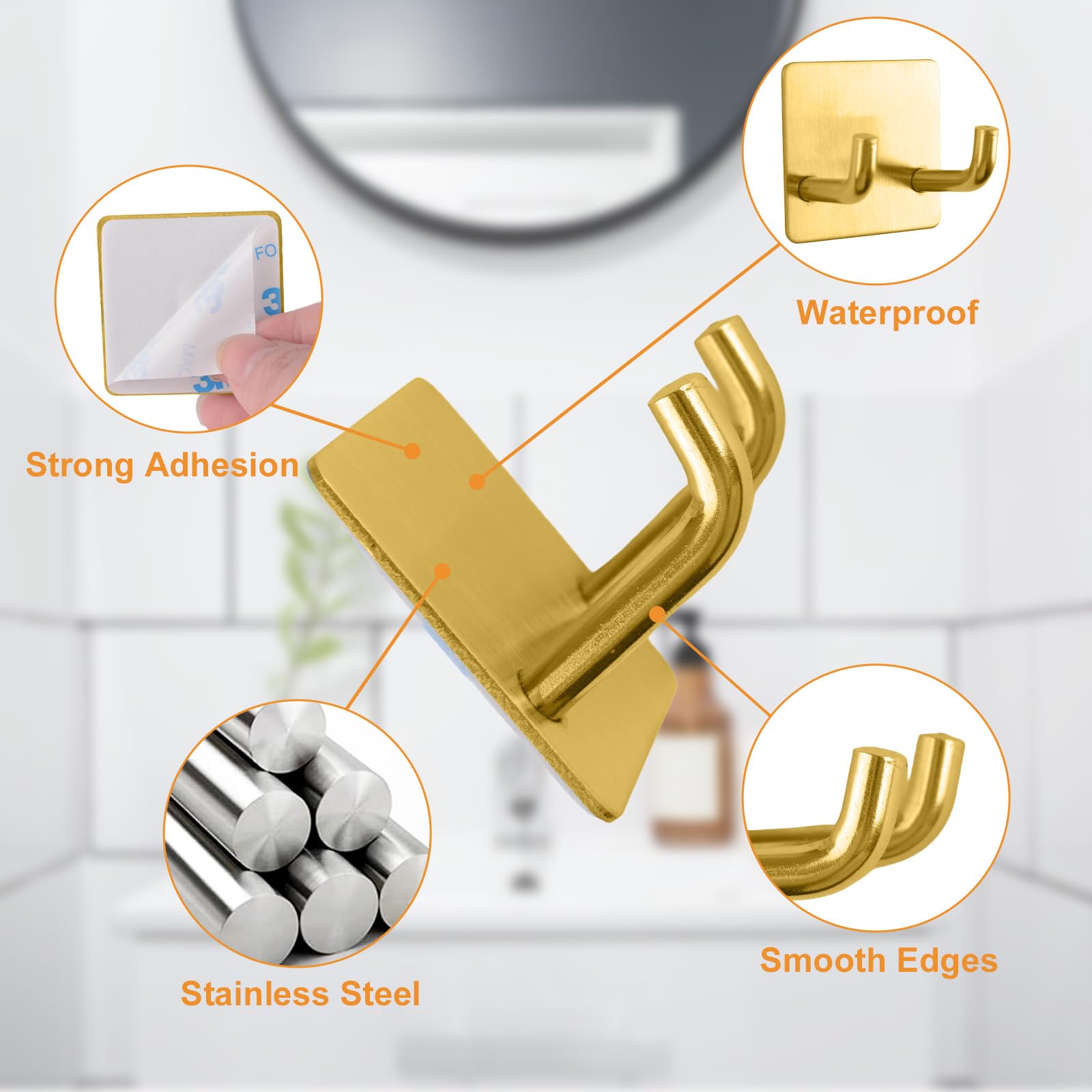 MOROBOR 4 Pcs Adhesive Razor Holder, Shaver Holders Towel Hooks Stainless Steel Waterproof Storage Hook for Towels Bath Accessories