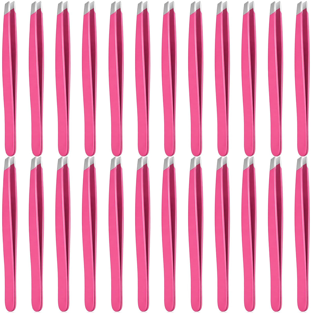 Mudder 24 Pieces Eyebrow Tweezers Bulk Stainless Steel Slanted Tip Precision Tweezers for Facial Hair, Blackhead and Tick Remover, Men and Women Professional(Neon Pink)