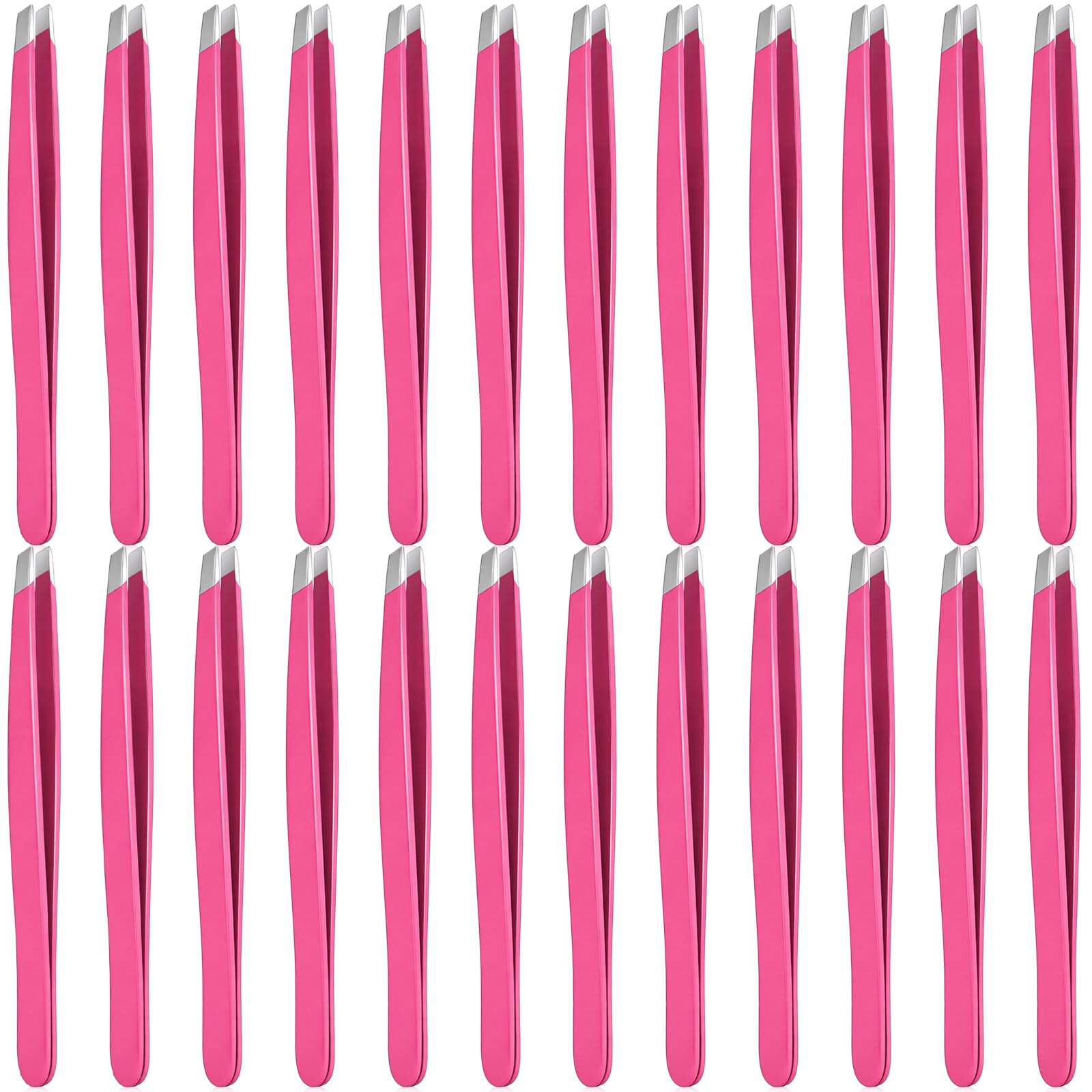 Mudder 24 Pieces Eyebrow Tweezers Bulk Stainless Steel Slanted Tip Precision Tweezers for Facial Hair, Blackhead and Tick Remover, Men and Women Professional(Neon Pink)