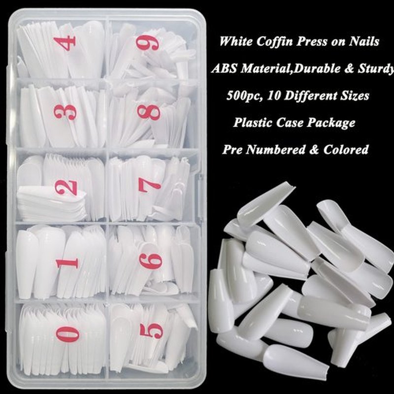 LuckForever 500pc Nude Pink Coffin False Nails Press on Full Cover Ballerina Fake Acrylic Nail Tips Manicure Fingernails Design Decor with Case for Women Girls Home Salon DIY (White)