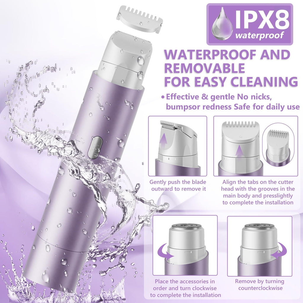 Women's Bikini Trimmers, Dual Head Cordless Body & Face Hair Shaver, IPX8 Waterproof Wet & Dry Razor for Legs, Underarms & Sensitive Skin – Lavender Purple