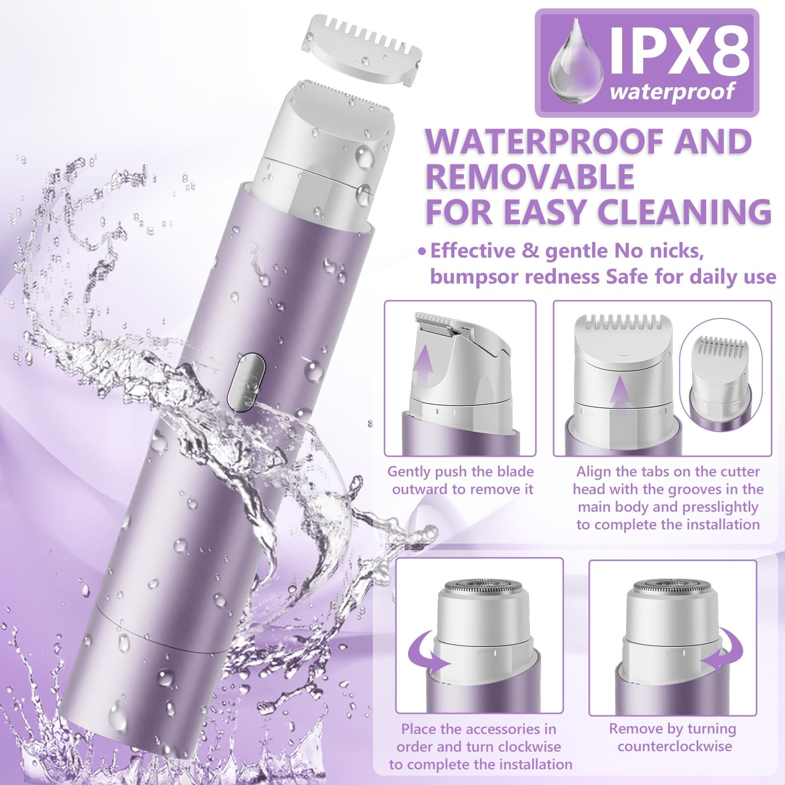 Women's Bikini Trimmers, Dual Head Cordless Body & Face Hair Shaver, IPX8 Waterproof Wet & Dry Razor for Legs, Underarms & Sensitive Skin – Lavender Purple