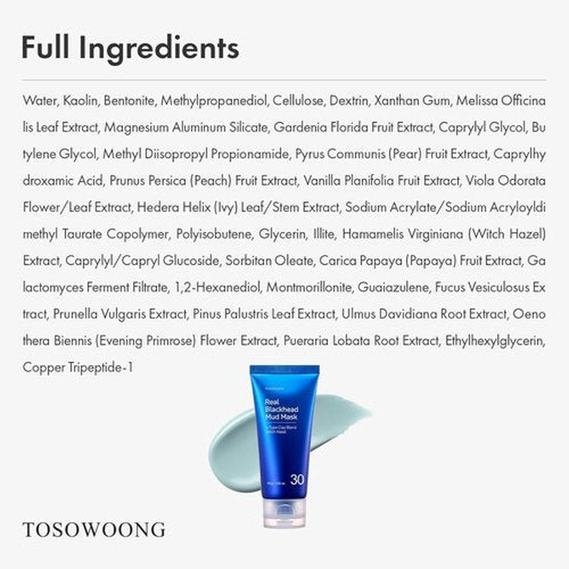 TOSOWOONG Blackhead Mud Mask - Pore-Purifying Korean Clay for Deep Cleaning & Oil Control | 100 g / 3.52 oz.