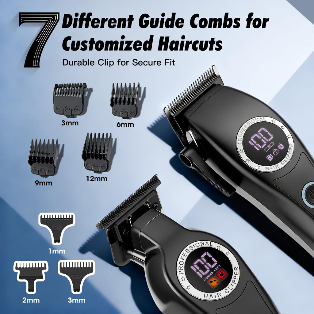 Qreeyx Professional Hair Clippers for Men, 2-in-1 Clipper and Trimmer Set with 7200RPM Motor, Cordless Hair Cutting Kit with LED Display, Adjustable Length Beard Trimmer for Barbers or Home, Mens Gift