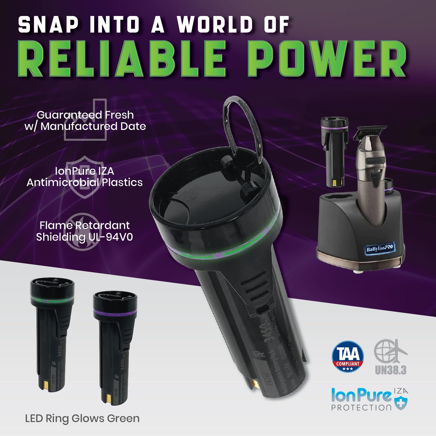 High-Capacity Replacement Battery Compatible with BaBylissPRO SNAPFX FX797 Trimmers. Li-ion, 3450mAh, Japanese Cells. Replaces FXBPT, FXBPT33, 074108461773, and 074108461780 - Long-Lasting Power