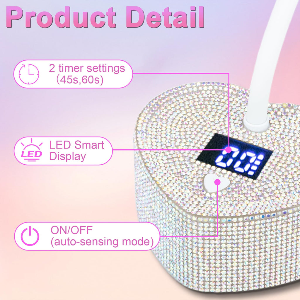 UV Nail Lamp,30W Rechargeable Gel Lamp Mini Cordless UV Light with 2 Timers & Auto Sensor,LED Fast Curing Goosenecks Gel Nail Polish Lamp for Home DIY Manicure (Silver Diamond)