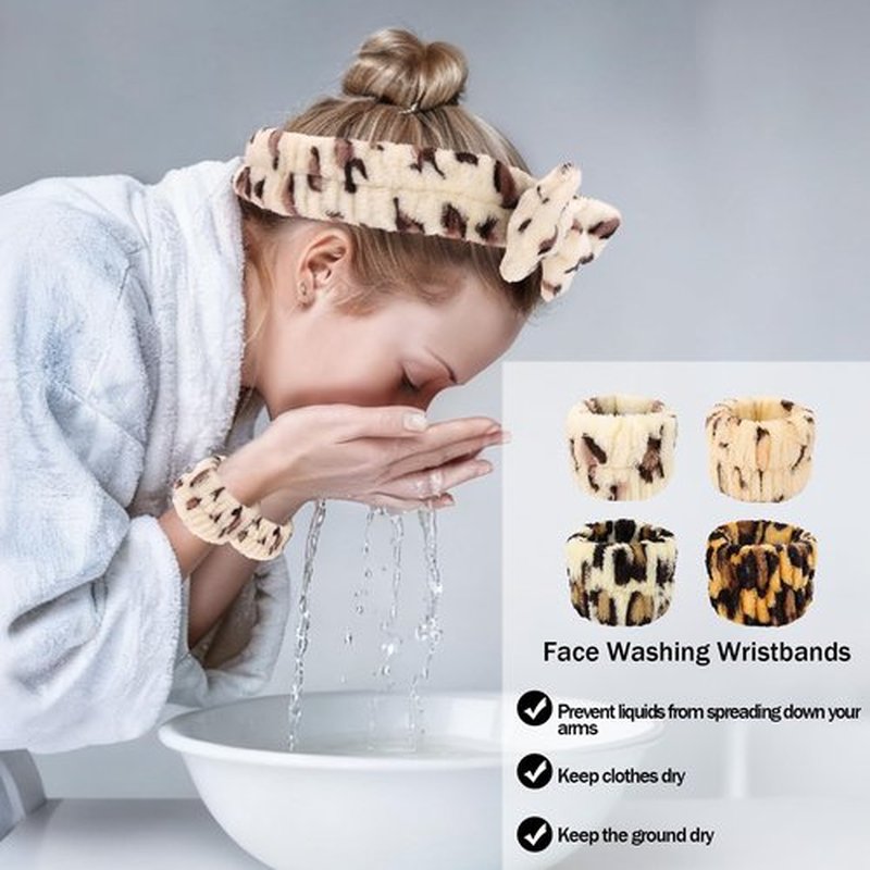 CIEHER 12 PCS Makeup Headband for Women Wrist Washband Scrunchies Cuffs for Washing Face, Soft Leopard Print Spa Headband Matching Wristbands