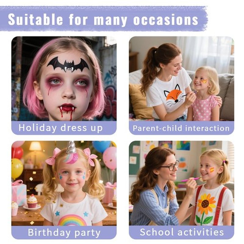 Face Painting Kit, 54 Colors Water Activated Face Paint Palette with Stencils, Brushes, Gems for Halloween Makeup, Parties, Carnival, School Event & Festivals