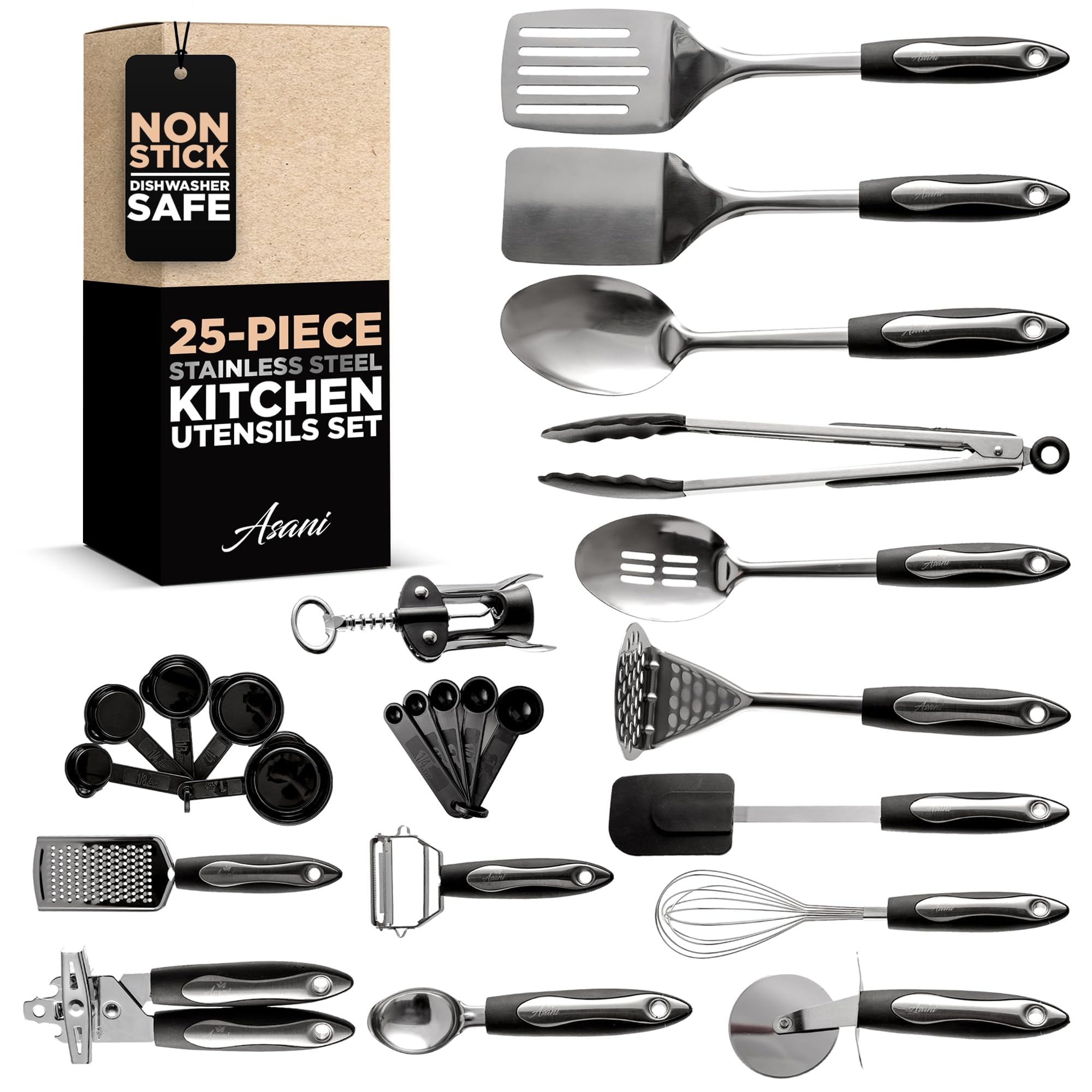 Asani 25-Piece Stainless Steel Kitchen Utensil Set | Non-Stick Cooking Gadgets and Tools Kit | Durable Dishwasher-Safe Cookware Set | Kitchenware Gift Idea, Best New Apartment Essentials