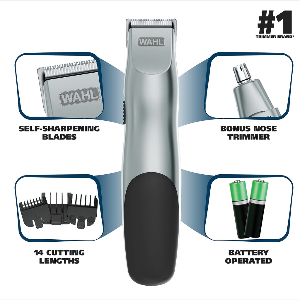 Wahl Groomsman Battery Operated Mens Beard Trimmer for Hair, Nose Hair, and Mustache Grooming Kit, Precision-Ground Blades, 14 Different Trimming Lengths - Model 5621V