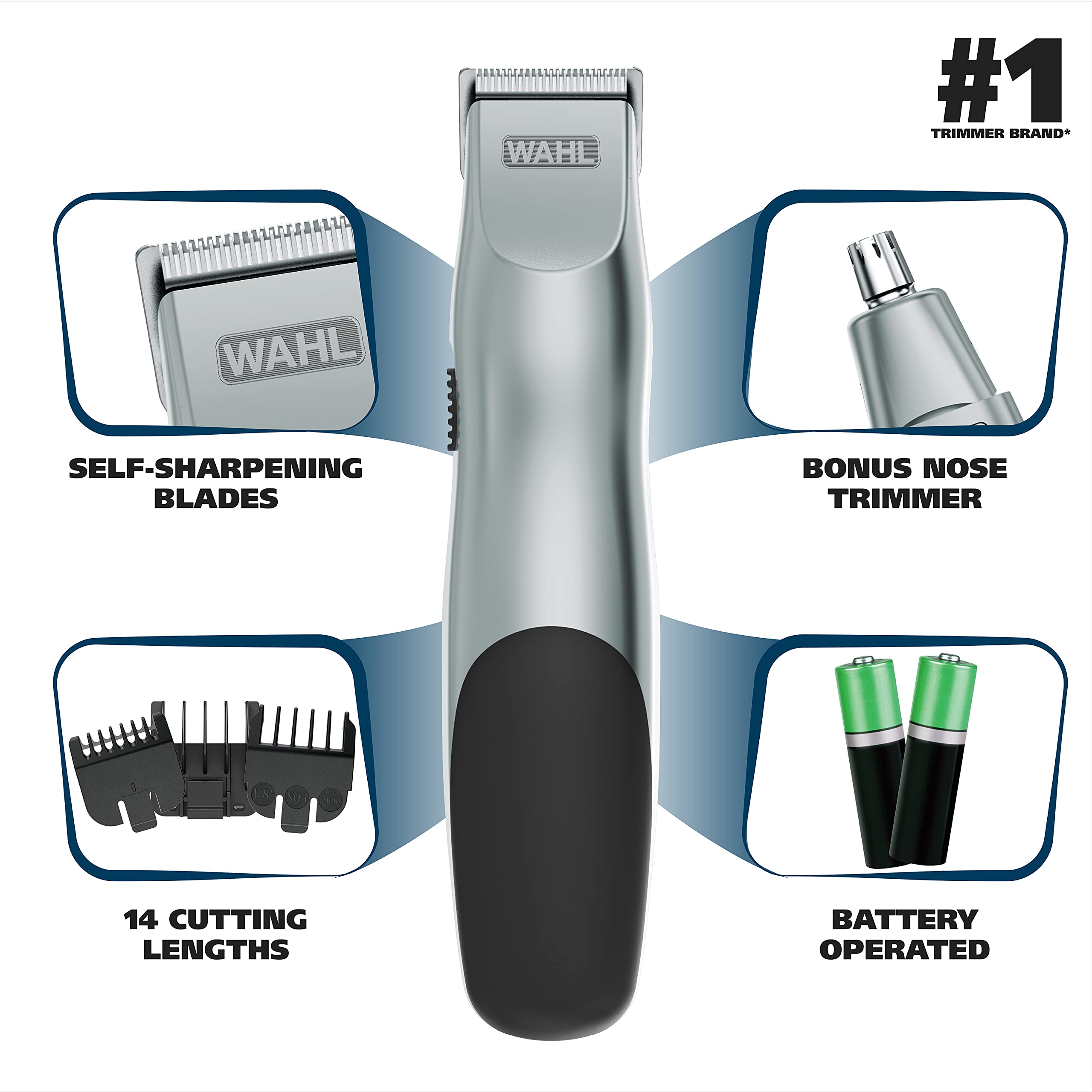 Wahl Groomsman Battery Operated Mens Beard Trimmer for Hair, Nose Hair, and Mustache Grooming Kit, Precision-Ground Blades, 14 Different Trimming Lengths - Model 5621V