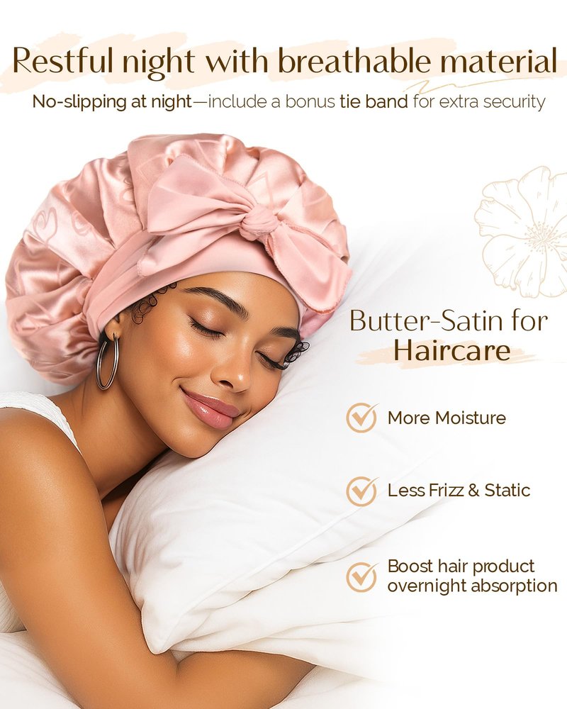 YANIBEST Adjustable Satin Bonnet for Sleeping, Double Layer Silk Bonnet with Tie Band for Women, Sleep Cap Curly Natural Hair, Pink
