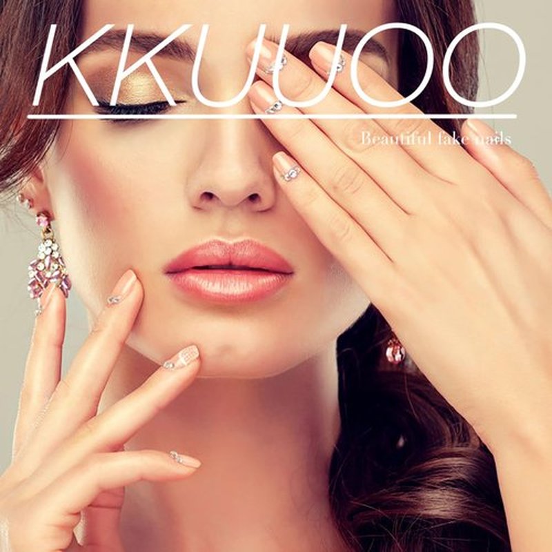 KKUUOO Medium Almond Blue Press-on Nails - Shell Design Rhinestones, French False Nails, Glossy Acrylic Finish, Stick-on, 12 Sizes, 24 Pieces