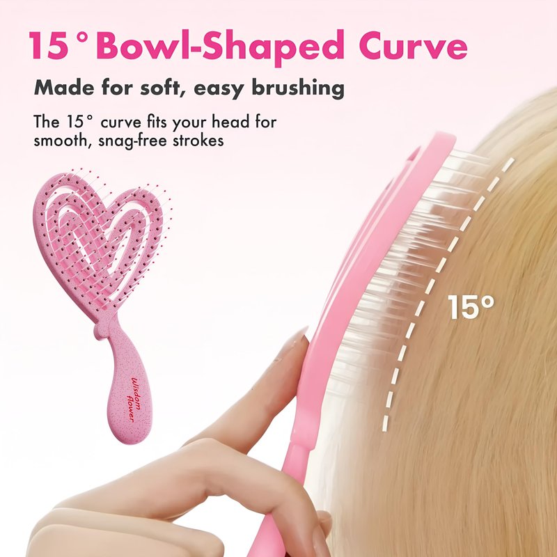 Wisdom Flower Detangler Brush – Heart-Shaped Detangling Brush for Curly, Wavy, Thick Hair – Sakura pink Hairbrushes for Women with Bowl-Curve, Flexible Bristles, Blow Dryer Safe, Small