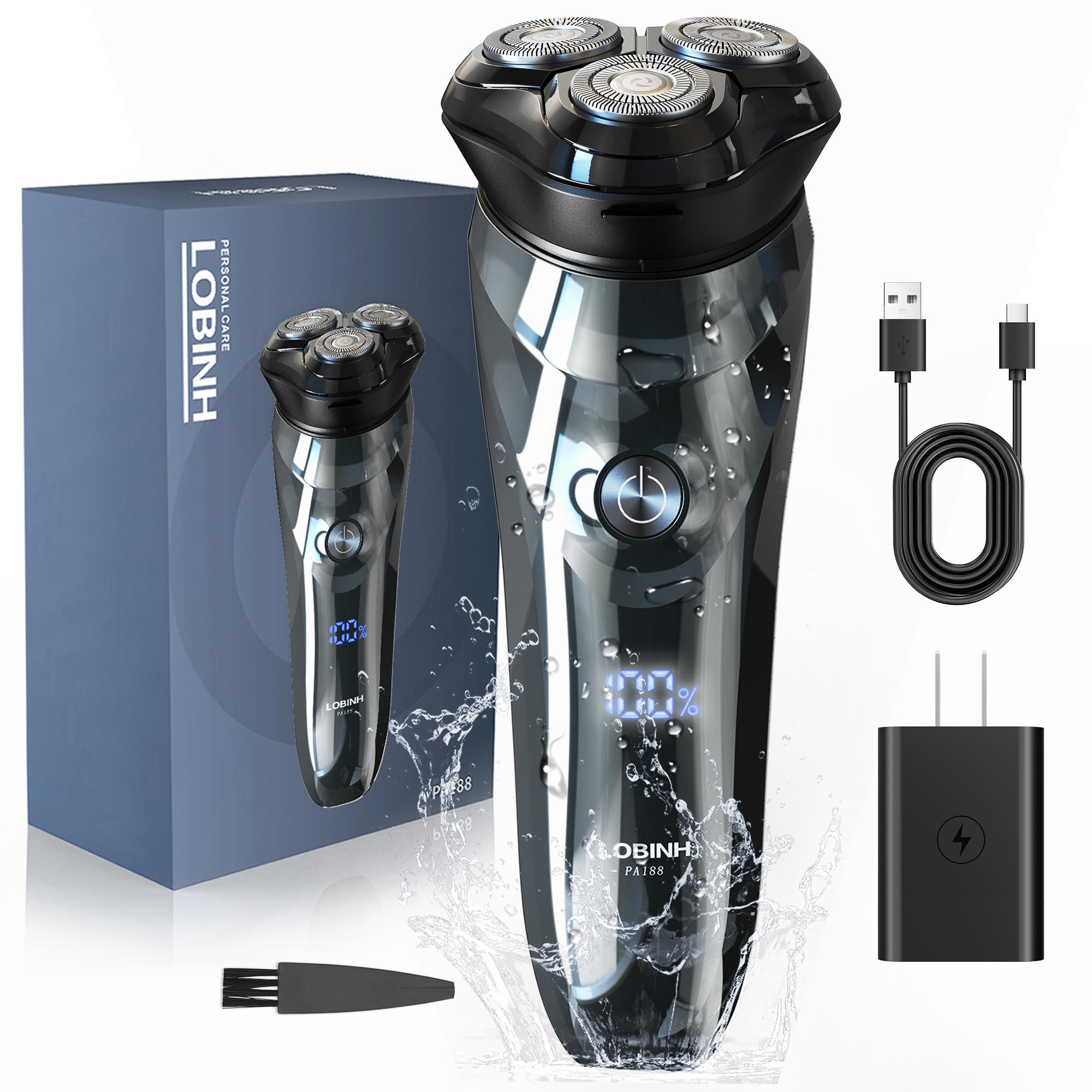 LOBINH Electric Shaver for Men, 100% Washable Rechargeable Electric Razor, Waterproof IPX7 Wet & Dry Shaving with Pop-up Sideburn Trimmer, 1 Hour Fast Charging, 4D Floating Head, LCD Power Indicator
