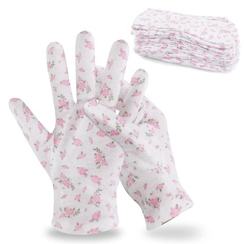 HandLove Premium 100% Cotton Gloves | Moisturizing Gloves for Dry Hands | Overnight Sleeping & Eczema | White Floral Dots, 12 Pairs