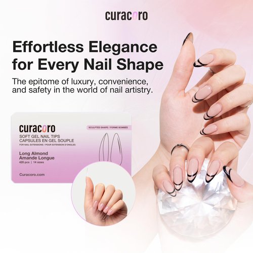 Curacoro Sculpted Long Almond Gel Nail Tips 420Pcs, Clear Full Cover Soft Acrylic Tips 14 Sizes, Easy to Use, Long-Lasting, Glossy Finish