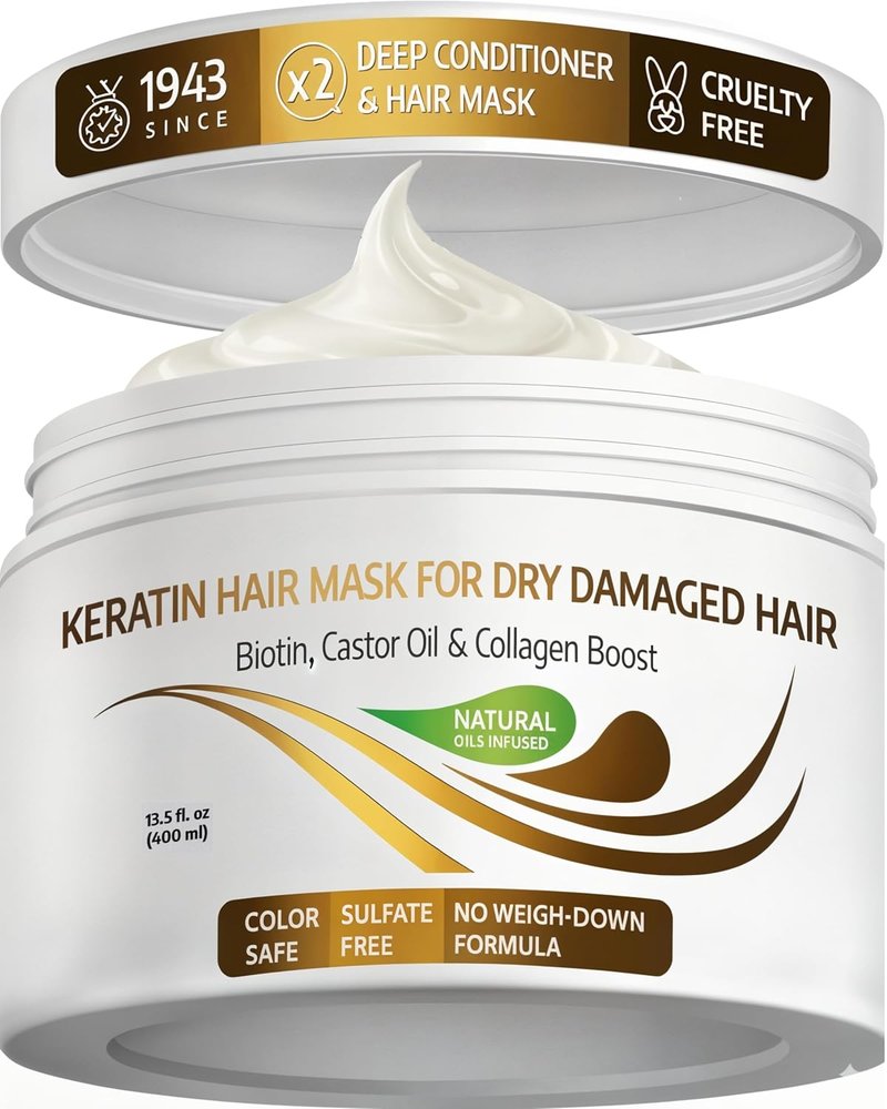 VITAMINS Keratin Hair Mask - Deep Conditioner for Dry, Damaged Hair with Biotin & Collagen - 13.5 Fl Oz