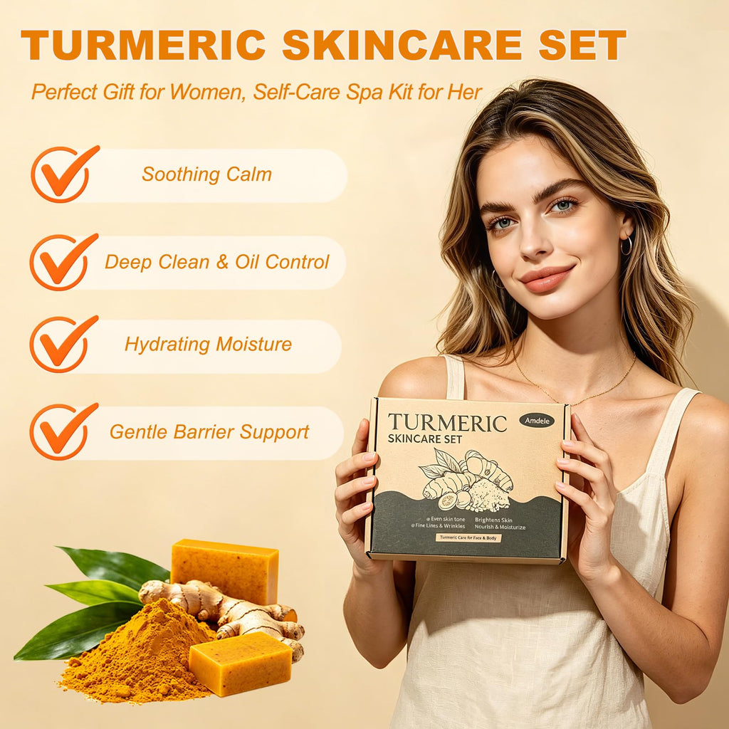 Amdele Turmeric Wash and Care Set, 4-Piece Turmeric Skincare Set:Turmeric Facial Wash with Brush,Cleansing Pad,Soap bar & Face Cream, Deep Cleansing for Face & Body