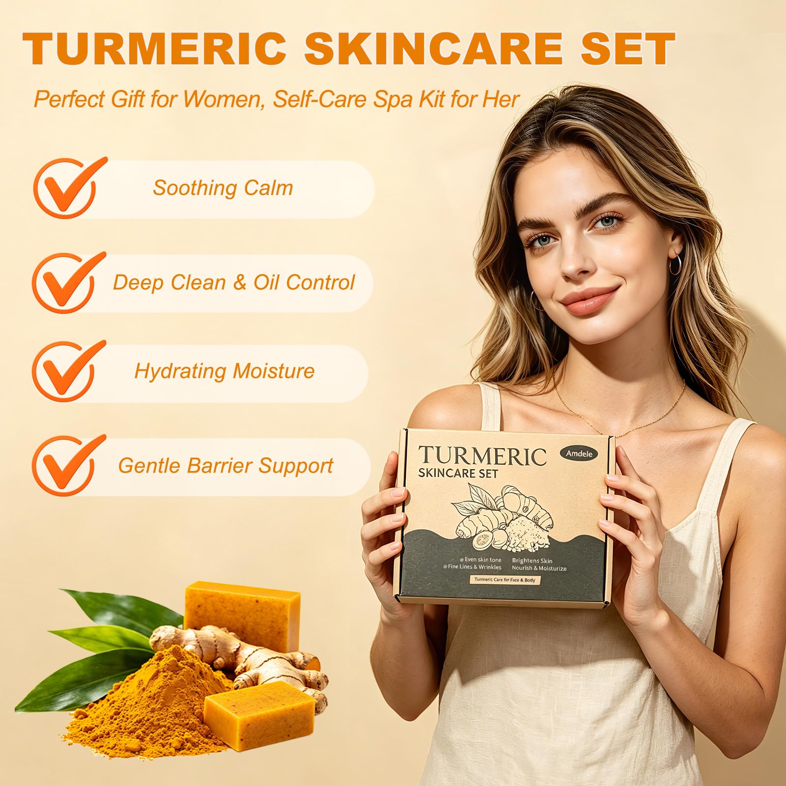 Amdele Turmeric Wash and Care Set, 4-Piece Turmeric Skincare Set:Turmeric Facial Wash with Brush,Cleansing Pad,Soap bar & Face Cream, Deep Cleansing for Face & Body