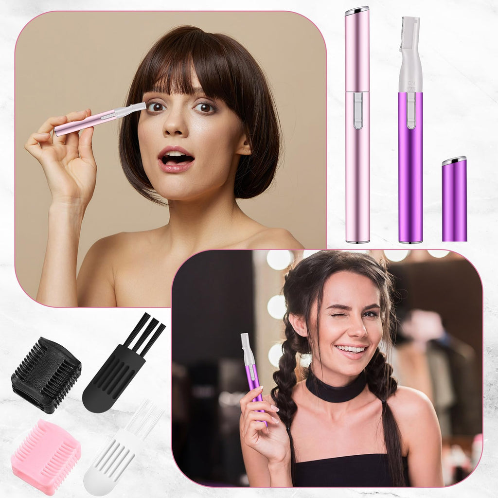 Chumia 2 Pcs Electric Eyebrow Trimmer Women Precision Face Razors Mini Shaver with Comb Christmas Women Gift Battery Operated Personal Epilator for Face Neck Fuzz Lips Leg(Pink,Purple)