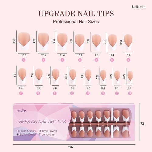 NMKL38 300Pcs V Shape Classical French Tip Nails, 15 Size Press on Nails, French Tip Gel Nails for DIY Nail Art